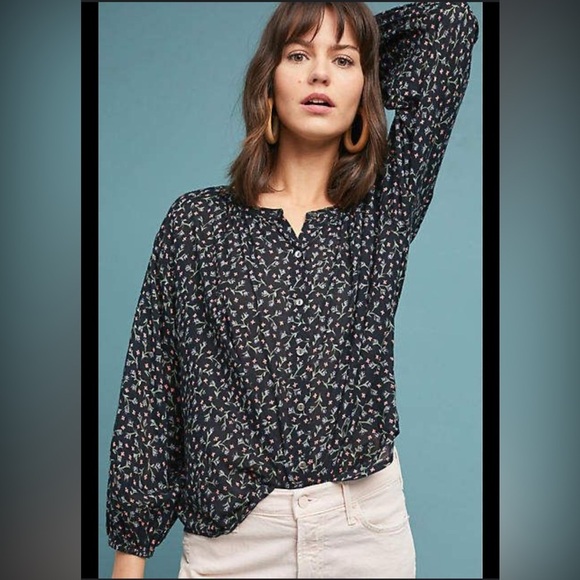 Anthro Velvet by Graham & Spencer Black Floral Collarless Peasant Blouse Top S - Picture 1 of 14